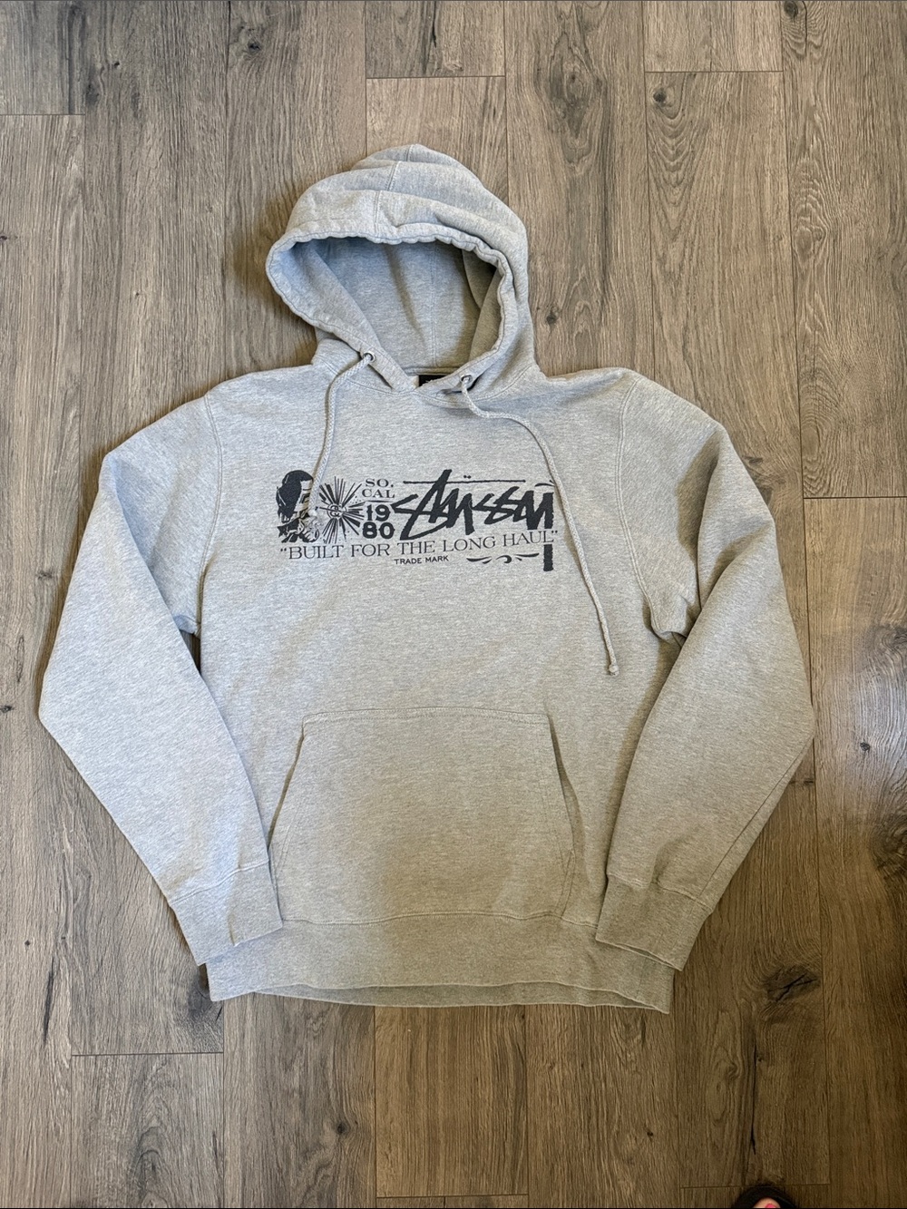 Stussy Light Gray Graphic Hoodie with Front Logo